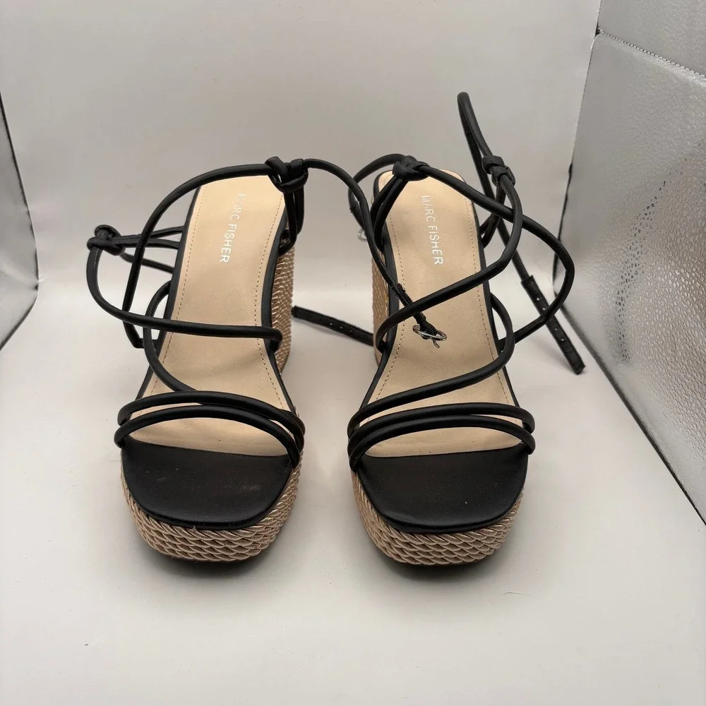 Marc Fisher Black Strappy Woven Rope Wedge Sandals Womens Size 8M MFZASTY
